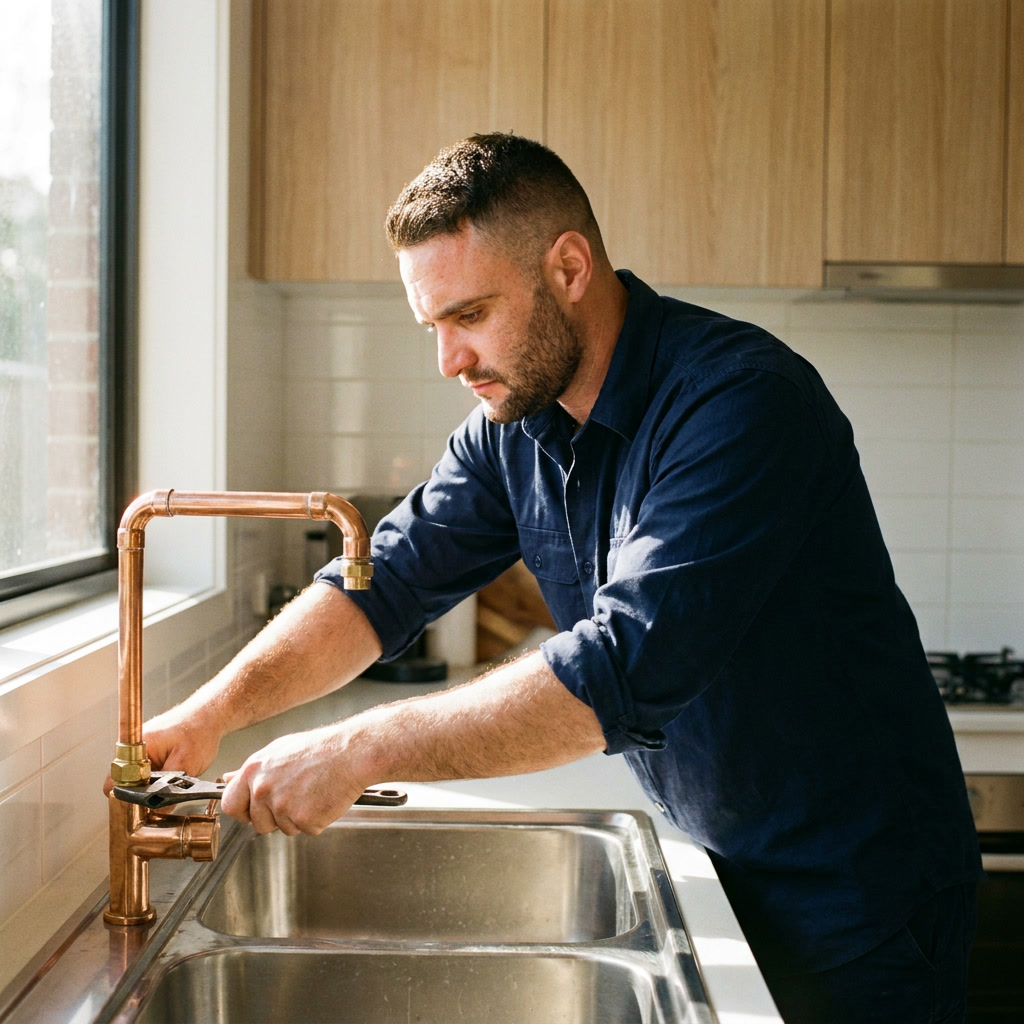 Nick Ilievski fitting a copper faucet at a kitchen sink.
