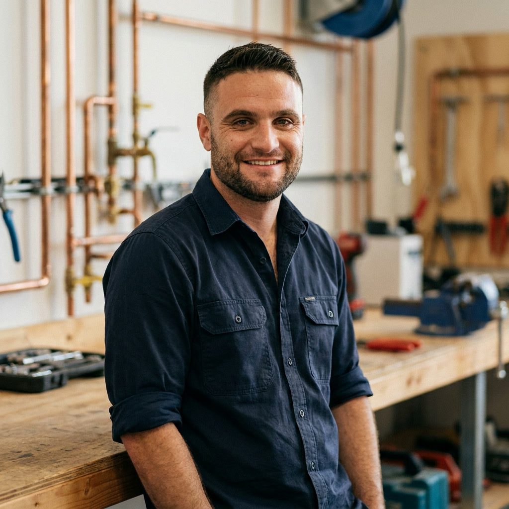 VPC plumber holding a polished pipe wrench in the workshop.