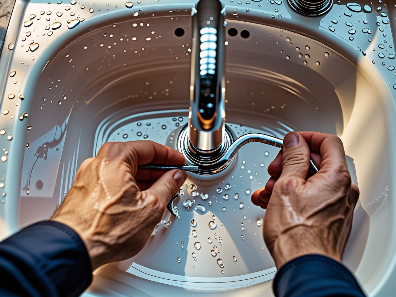Plumber's hands adjusting a chrome faucet fitting on a kitchen sink.